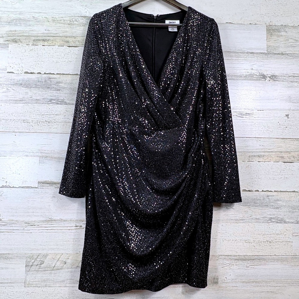 DKNY Sequin Faux Wrap Dress Womens 12 Black Long Sleeve Ruched Glam Party Chic